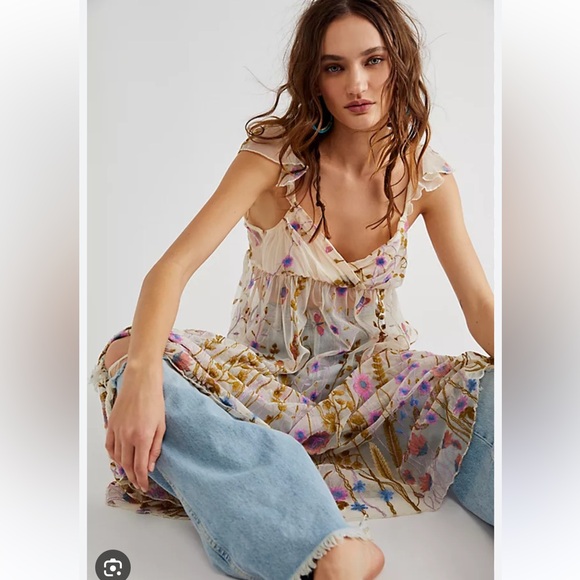 Free People Daphne Embroidered Slip Pretty Colorful Mesh Maxi Dress - Picture 3 of 8